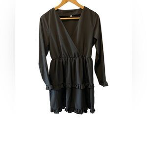 Black Long Sleeve Ruffle Empire Cross Your Hear Neckline Mini Dress S